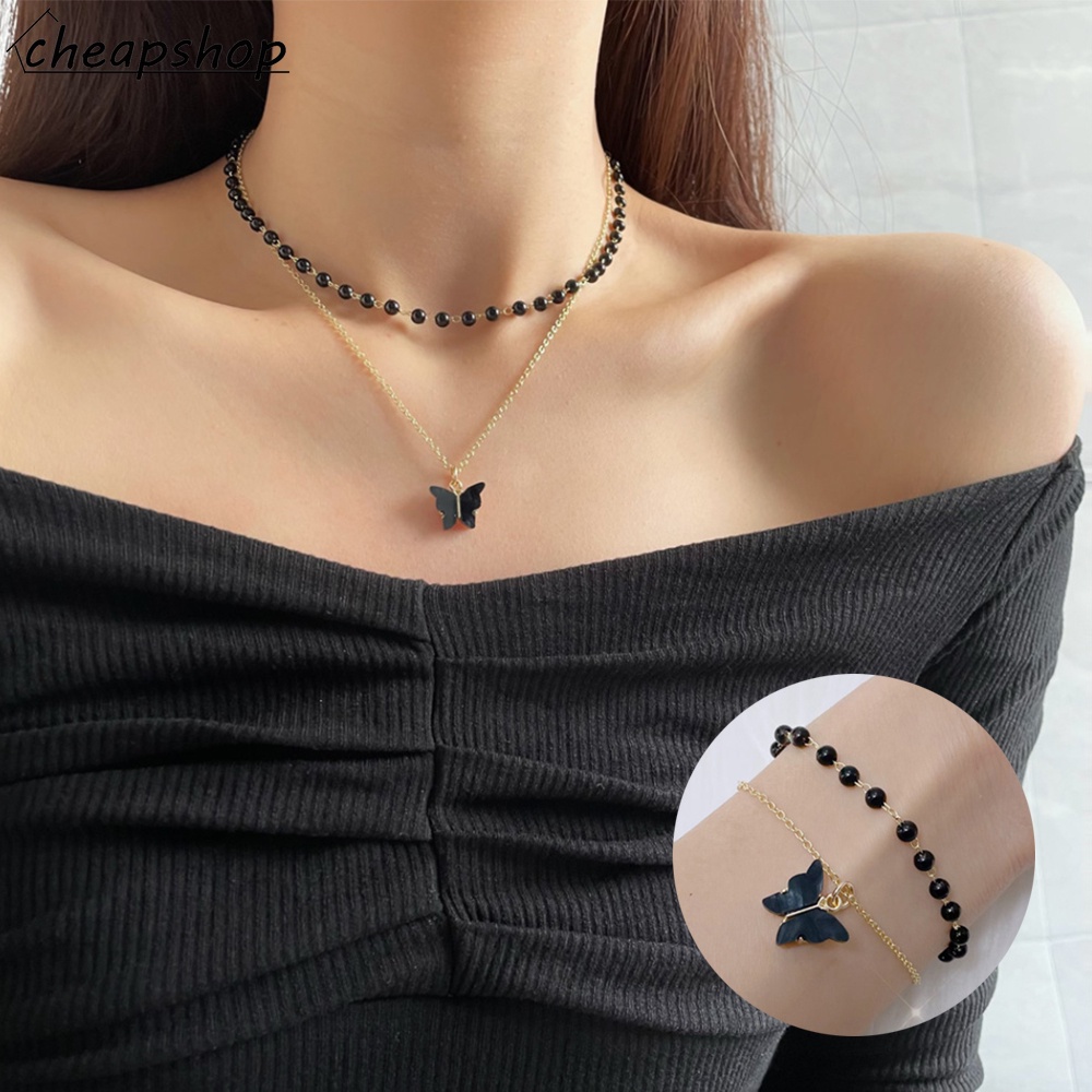 iF YOU Vòng Cổ Choker Màu Đen Mặt Hình Bướm Đính Ngọc Trai Phong Cách Cổ Điển Thời Trang Cho Nữ