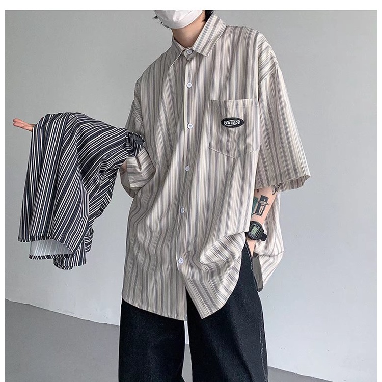 Áo Sơ Mi Tay Ngắn Dáng Rộng Cỡ Lớn Kẻ Sọc Thoáng Khí Kiểu Hip-Hop Đường Phố Nhật Bản Cá Tính Cho Nam