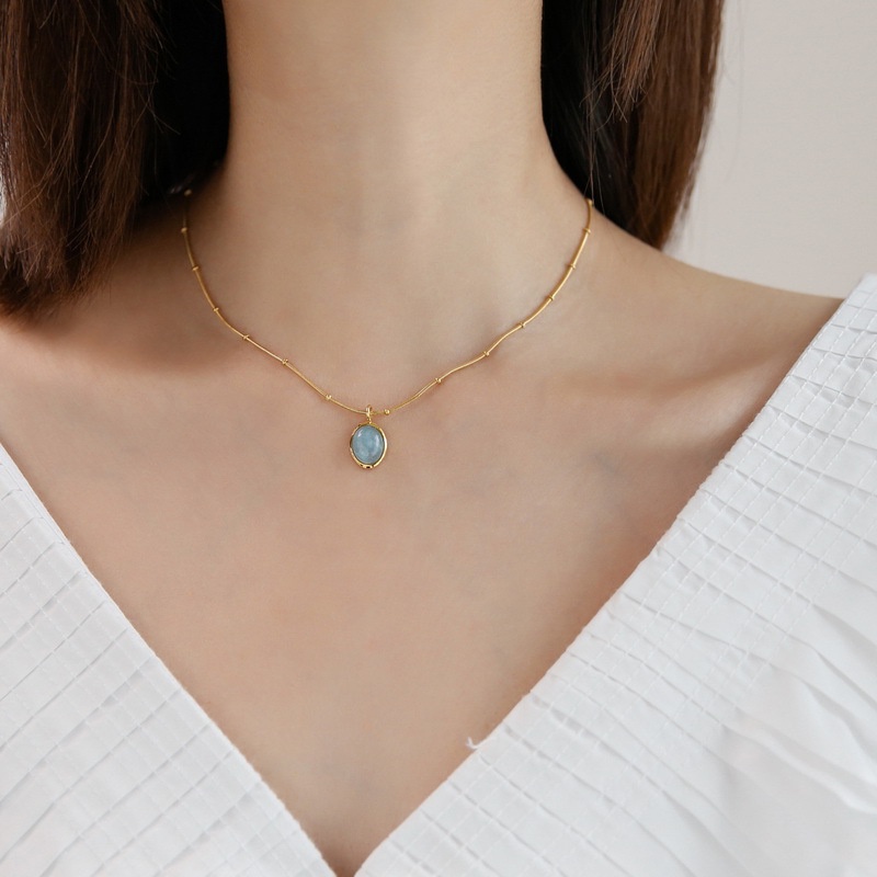 Dây chuyền thép titan 18k không phai màu mặt đá aquamarine tự nhiên cao cấp phong cách Nhật Hàn sang trọng dành cho nữ