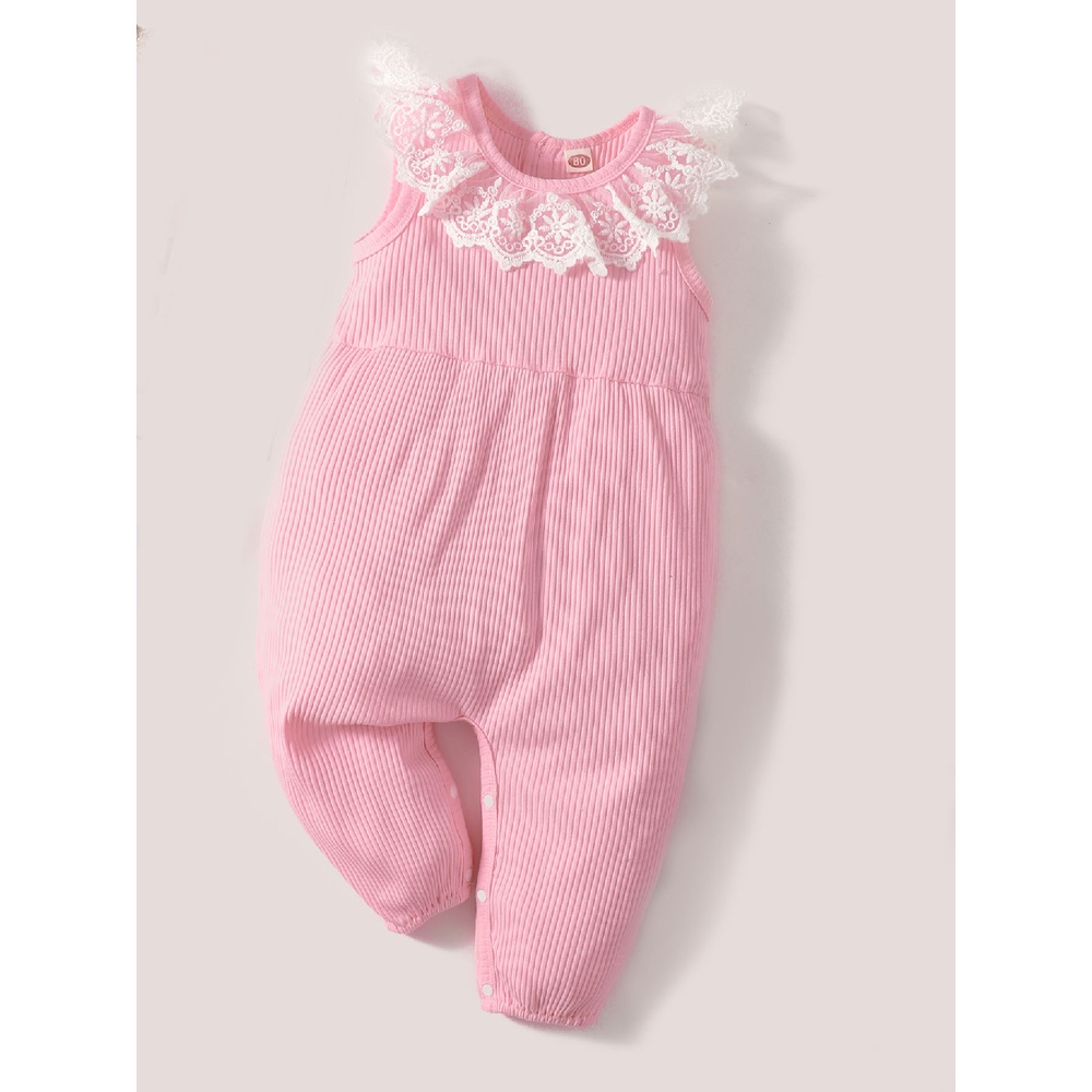 Áo liền quần MIKRDOO cổ Peter Pan phối ren màu hồng thời trang mùa hè cho bé gái 0-24 tháng tuổi