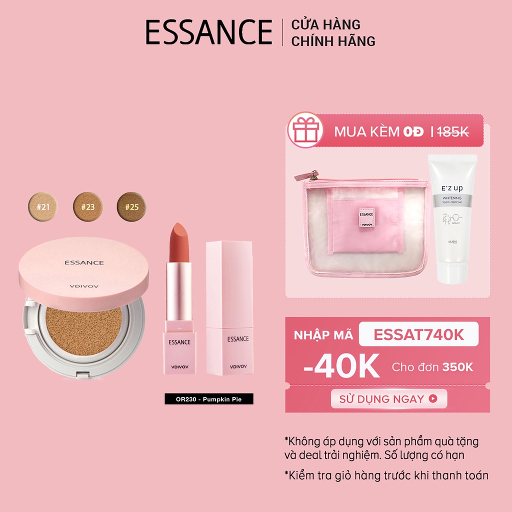 Bộ Phấn nước mịn lì mờ khuyết điểm Essance Veil Fit Cushion SPF50+ PA+++ 15g và Son lì lâu trôi màu Pumpkin Pie