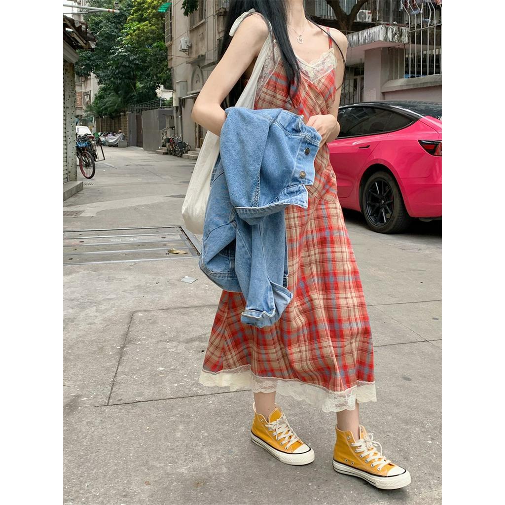 Đầm Hai Dây Phối Ren Họa Tiết Sọc Caro Thời Trang Mùa Hè Hàng Mới Dành Cho Bạn Nữ
