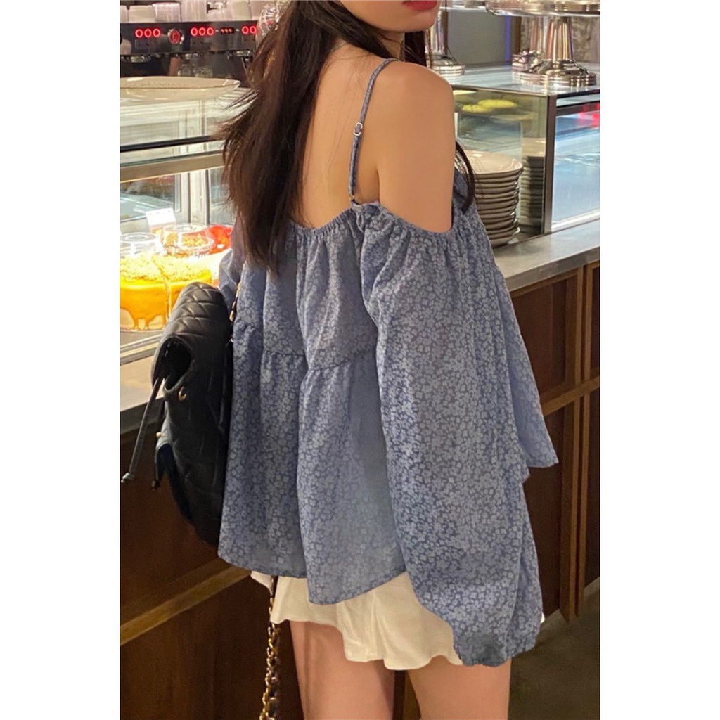 ❃✗┅Áo Sơ Mi Tay Dài Hở Vai In Hoa Phong Cách Pháp Thời Trang Cho Nữ