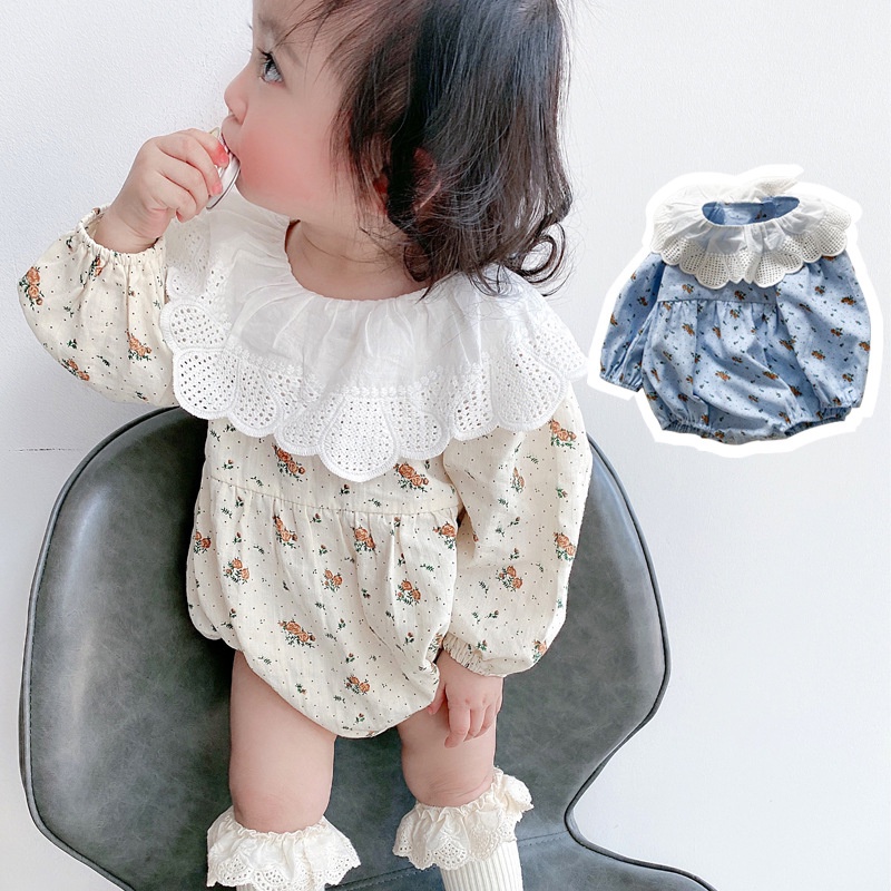 Áo Liền Quần Tay Dài Cổ Ren Họa Tiết Hoa Nhỏ Phong Cách Hàn Quốc Cho Bé 0-3 Tuổi