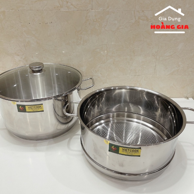 Bộ nồi xửng hấp inox 2 tầng nắp kính và nắp inox đun bếp từ Vietcook size 24,26,28,30,32 , chõ hấp đồ xôi