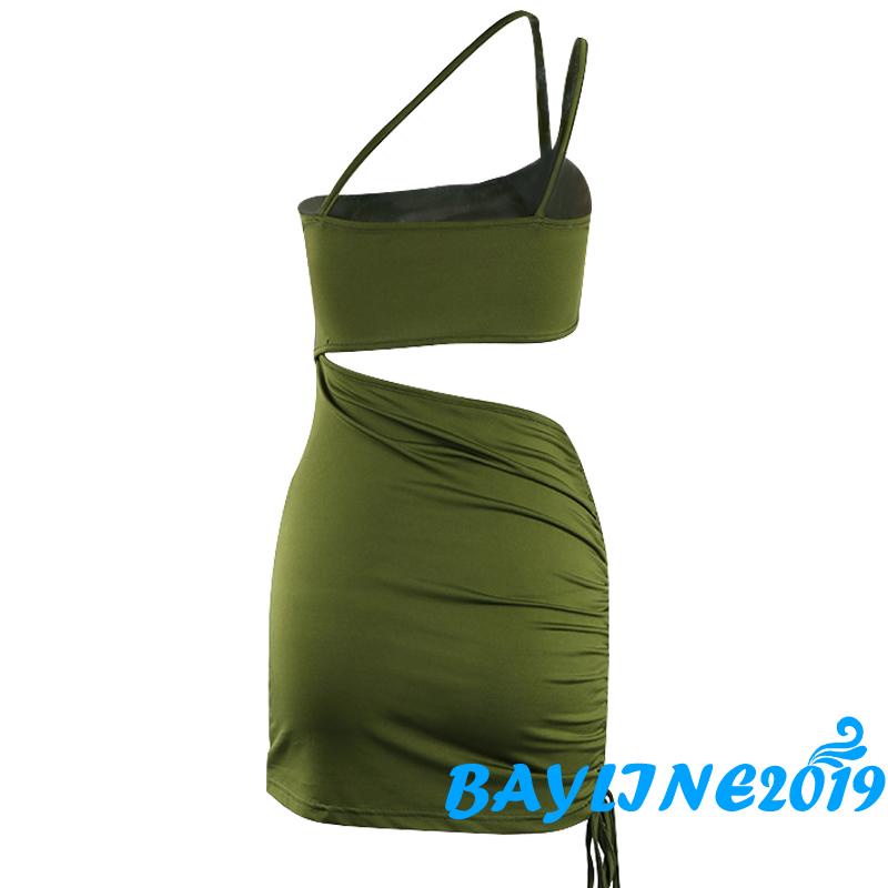 Đầm ôm lệch vai xếp ly màu trơn ôm dáng không tay cho nữ