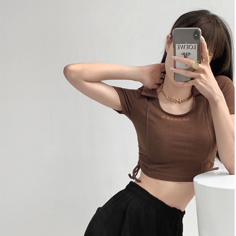 Áo Thun Dệt Kim Tay Ngắn Dáng Ôm Phối Dây Rút Thời Trang Mùa Hè Cho Nữ
