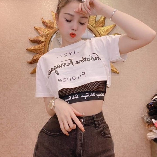set áo croptop lưới sexy in chữ