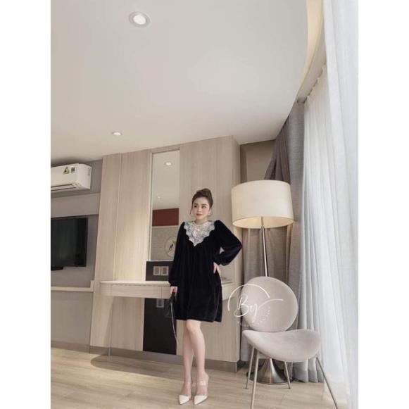 Bán sỉ Váy nhung đen phối ren suông bầu bí bon chen