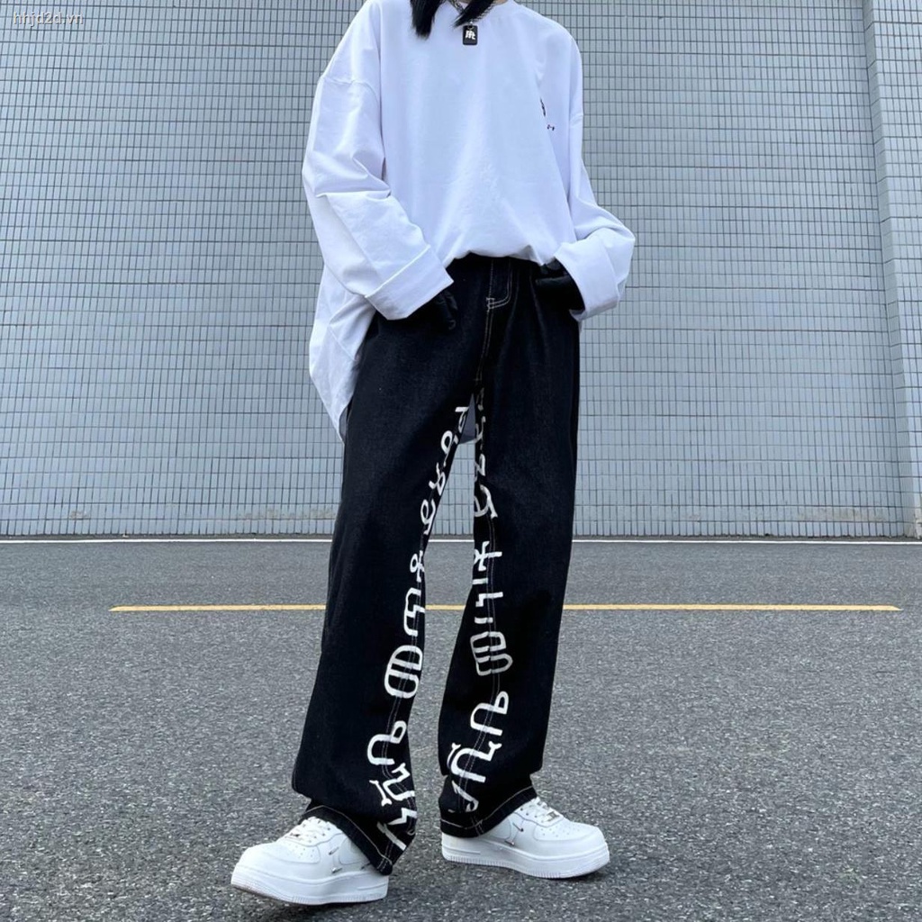 Quần jeans ống suông rộng in họa tiết chữ thời trang hip hop đường phố sành điệu dành cho nữ