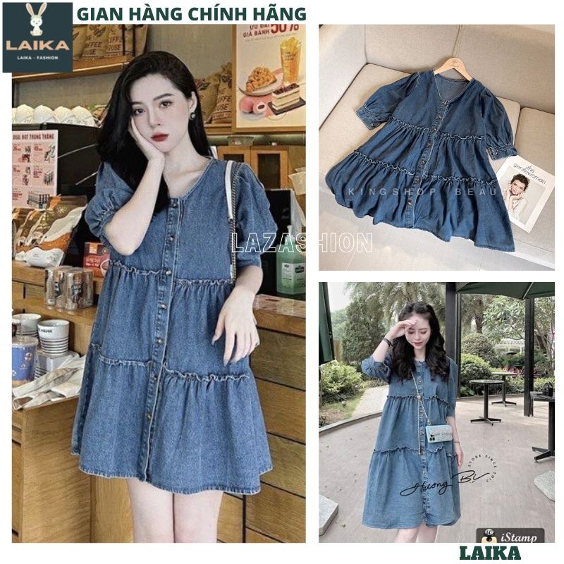 Váy jeans bò babydoll cổ v kiểu dáng hàn quốc xòe bồng siêu xinh dễ thương kute -LAIKA
