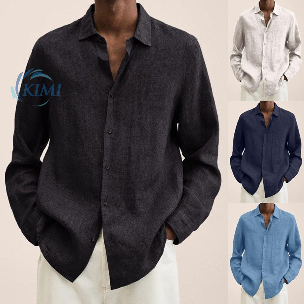 KIMI-Mens Long Sleeve Soild Buttons Cotton Linen Casual Loose Tops Shirt Plus Size