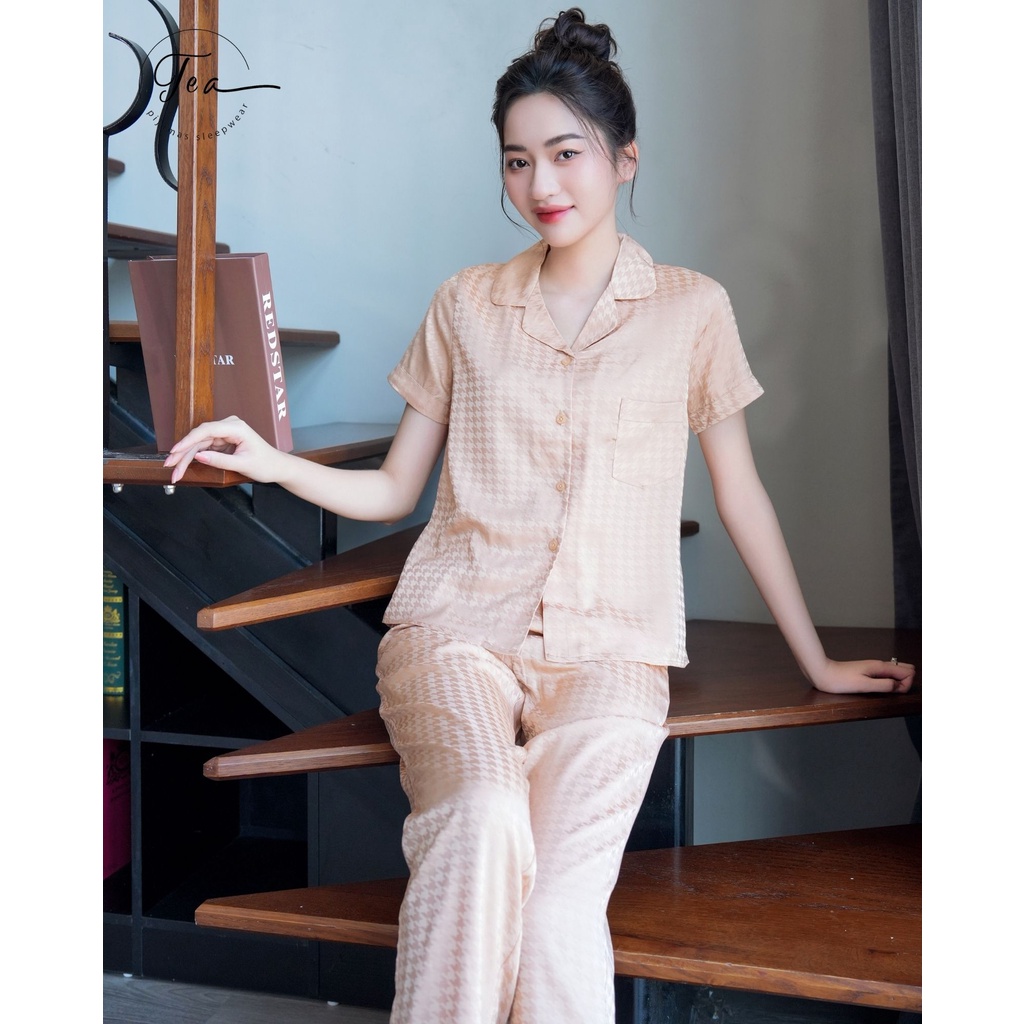 Bộ mặc nhà Pyjama chất lụa gấm in chìm Tea Store áo cộc quần dài 4 màu