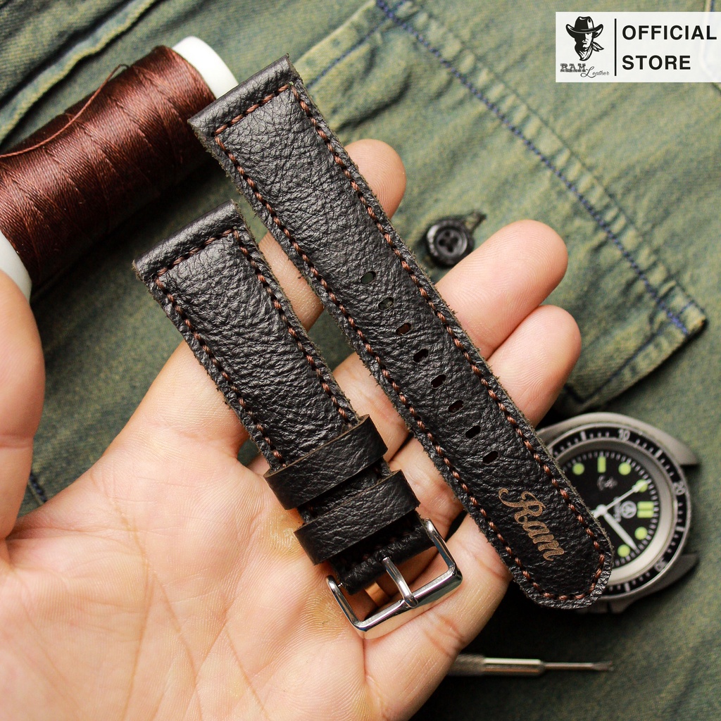 Dây Đồng Hồ Da Thật RAM Leather 1955 Da Dê Đen Tuyền Vân Alran Tự Nhiên Bền Đẹp