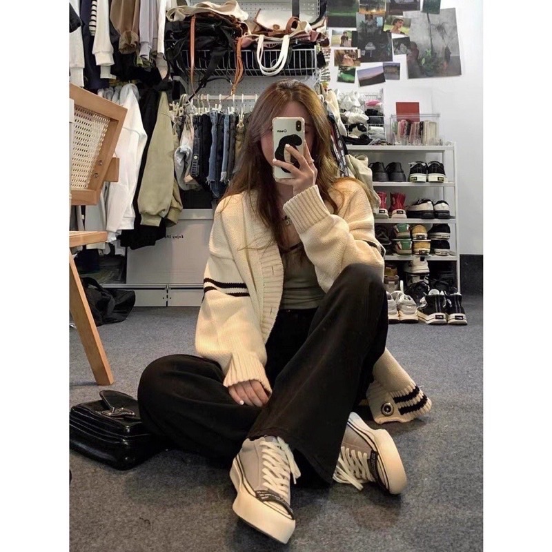 Áo khoác len học sinh nữ tay sọc ngang 2 bên len dày dặn