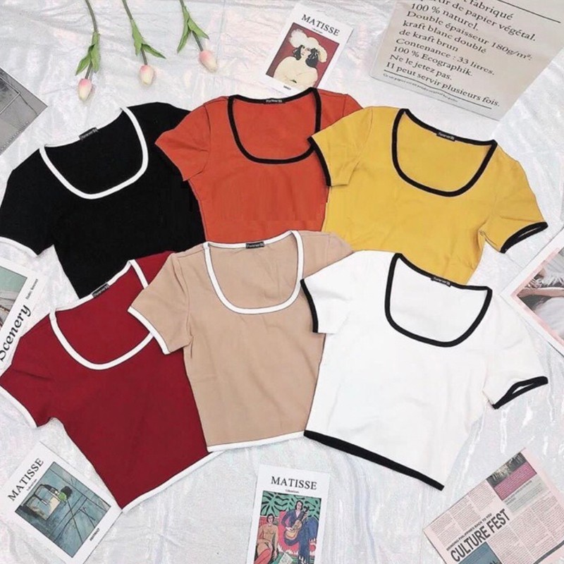 áo croptop nữ tay ngắn cổ vuông ôm body, Croptop nữ ôm ngắn tay cổ chữ U, Áo thun nữ ngắn tay dáng ôm cờ róp tốp