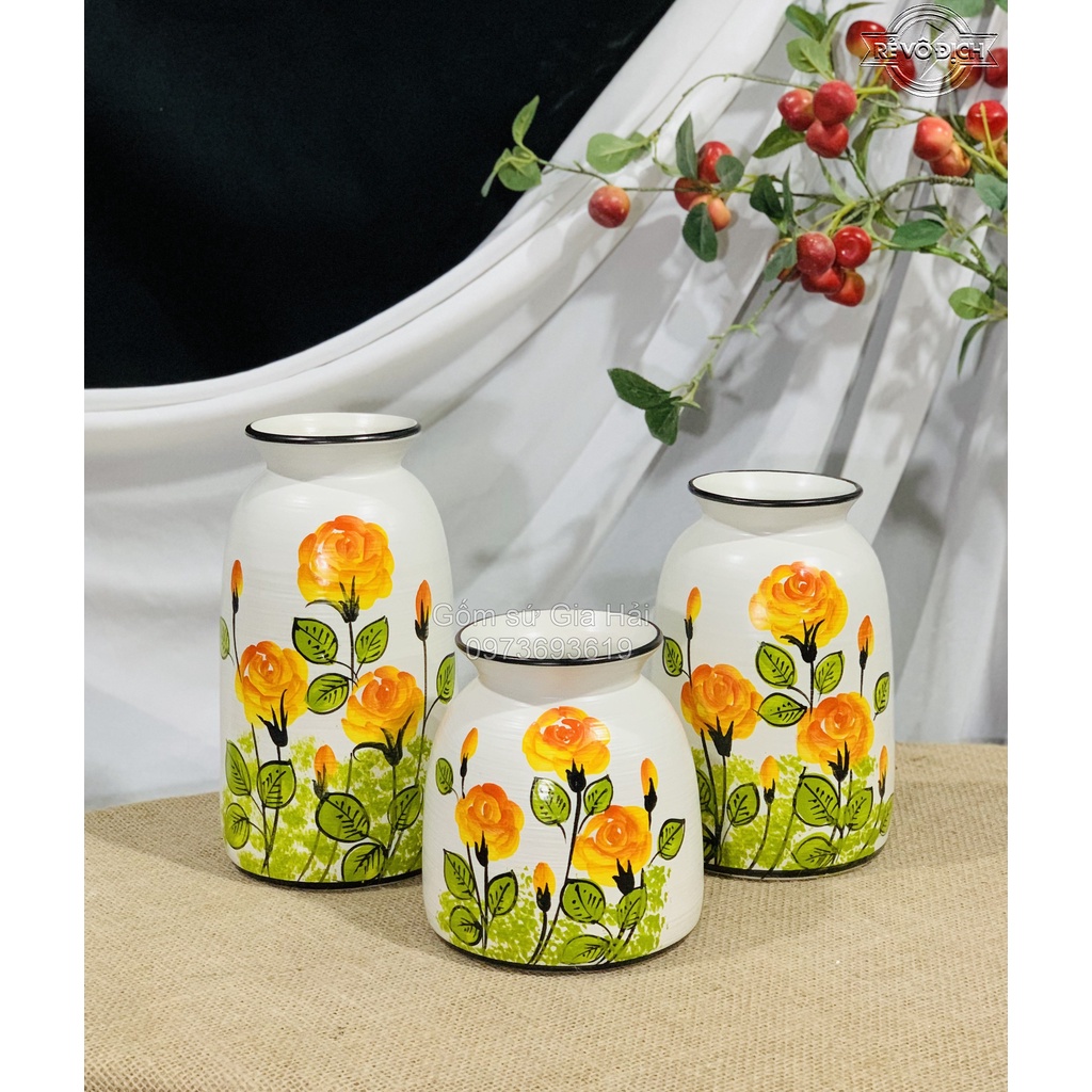 Set 3 lọ hoa decor gốm sứ Bát Tràng cao cấp vẽ hoa Bát Tràng