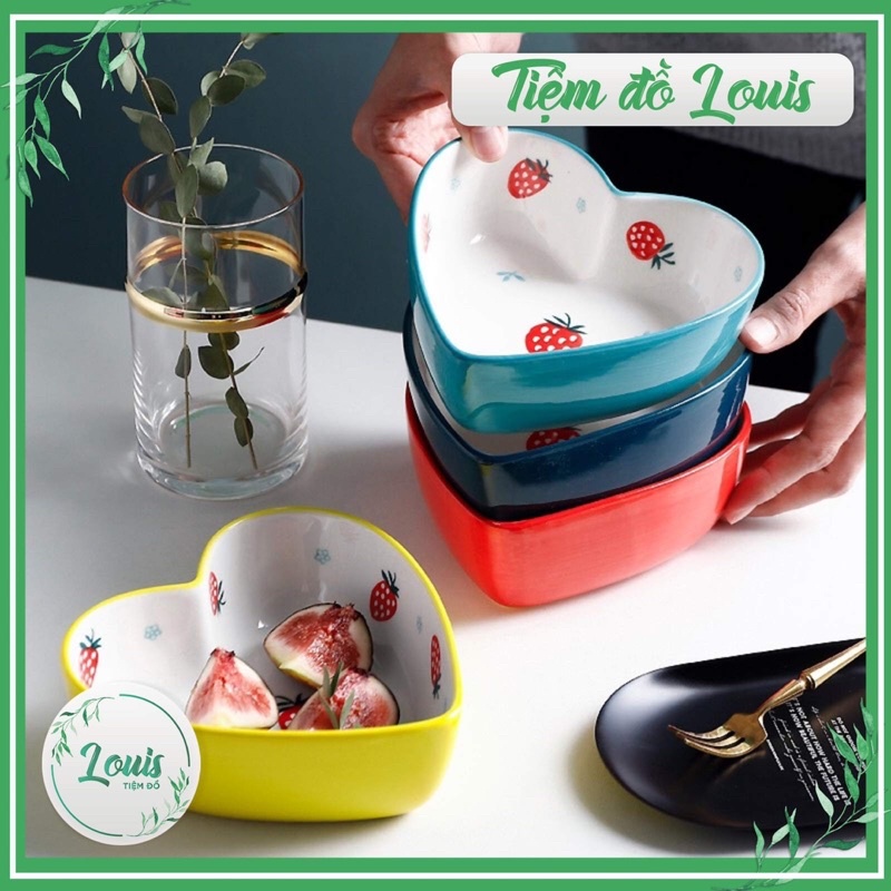 Bát sứ hình trái tim hoạ tiết DÂU TÂY  Chén sứ ăn cơm, đưng salad decor phong cách Bắc Âu