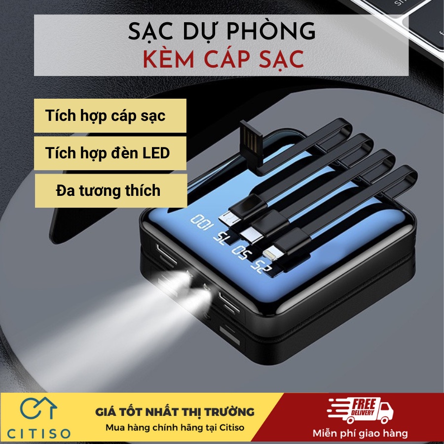Sạc dự phòng dung lượng lớn 8000/20000MAh có đèn pin, màn hình led hiện thị phần trăm pin kèm với bốn cáp sạc Citiso