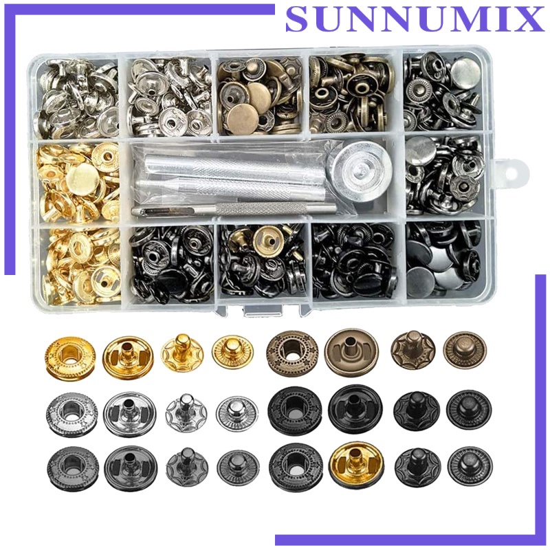 [SUNNIMIX] 1Set Snap Fastener Kit, Press Studs Snap Fasteners Clothing Snaps Button with 4 Pcs Installation Tools for Bags, Jeans, Clothes, Fabric, Leather Craft