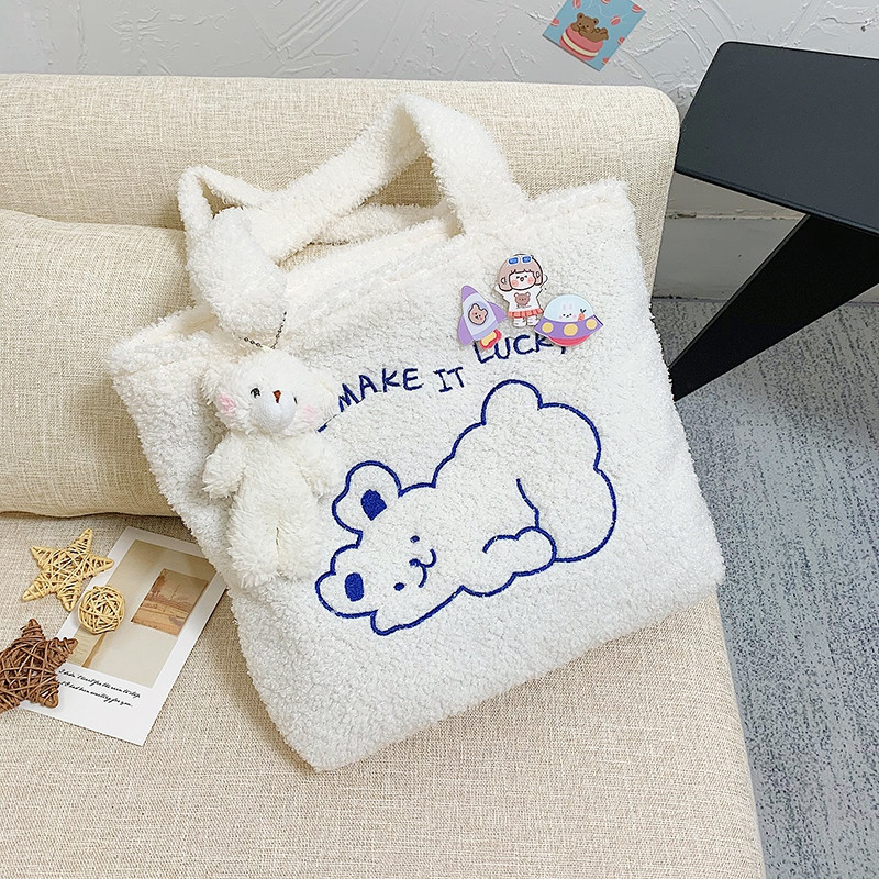 Korean version INS college wind autumn and winter style lovely cartoon plush single shoulder bag chic students hand shopping bag female