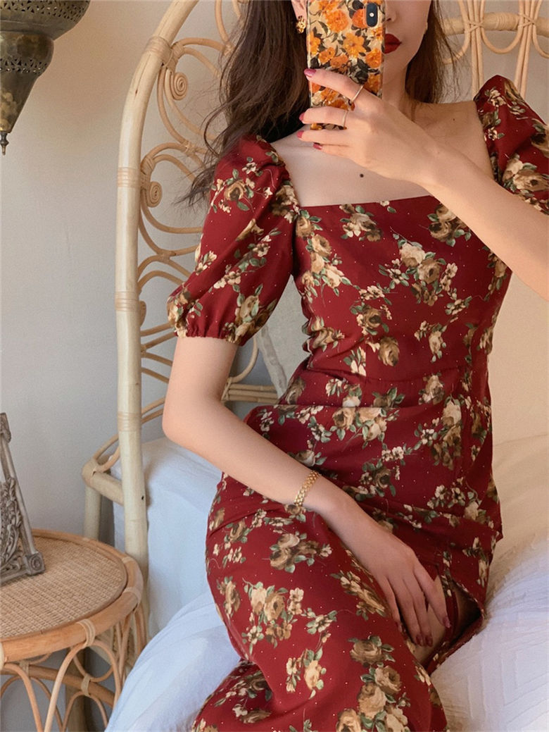 High Quality Floral Print Dress Sweet Square Neck Puff Sleeve Side Spilt Drawstring Maxi Dresses for Women Party Chic Casual Outfits