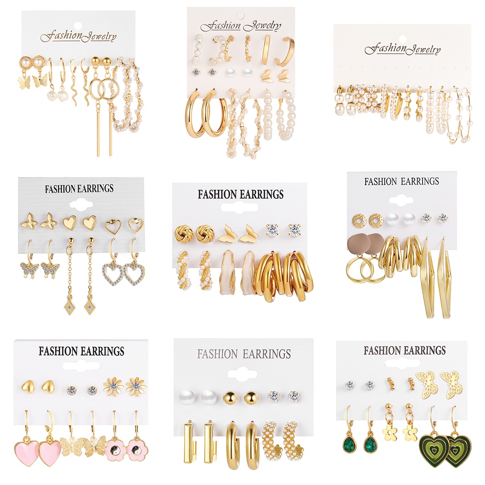 Bộ Khuyên Tai Ngọc Trai Hình Vuông / Trái Tim / Bươm Bướm Phong Cách Cổ Điển