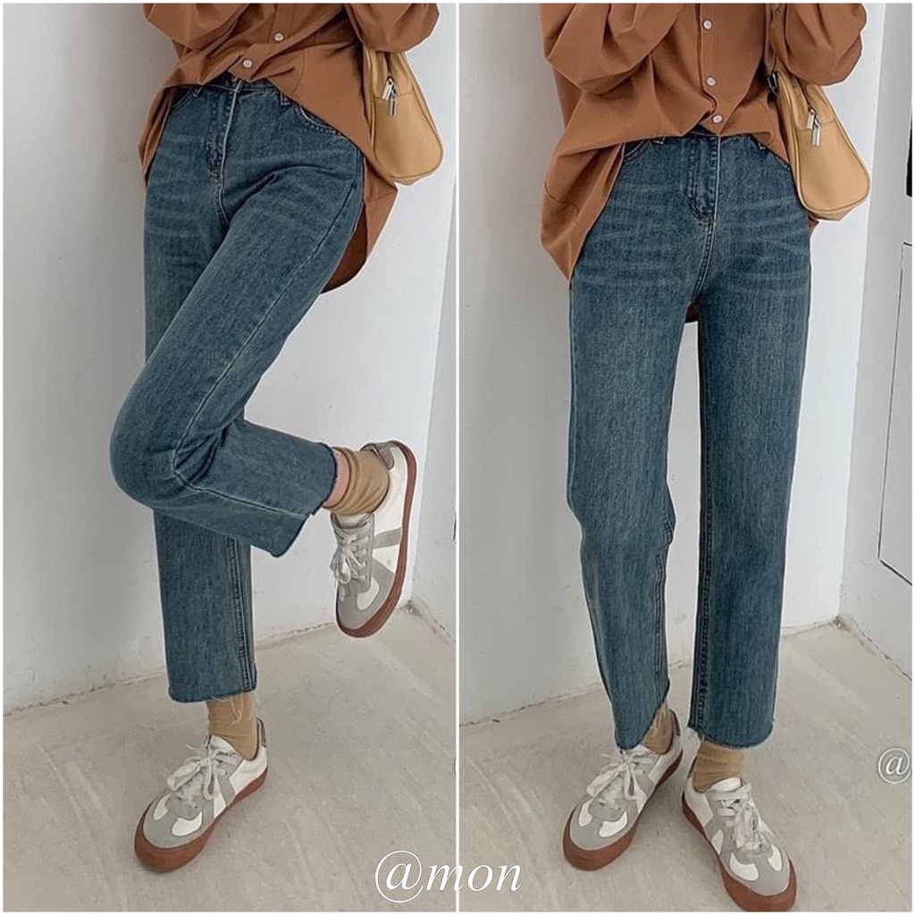 2101349 Quần jeans nữ ống đứng form vừa dáng basic ulzzang màu xanh vintage có size