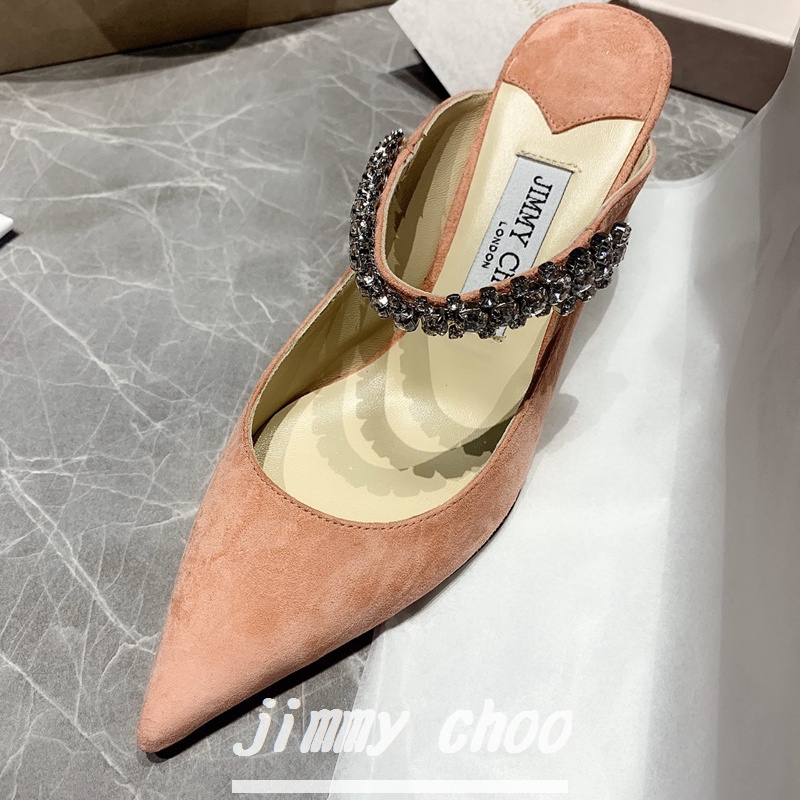 JIMMY CHOO Giày Cao Gót 6.5cm Mũi Nhọn Bằng Da Bò Đính Đá Thời Trang Quyến Rũ Cho Nữ