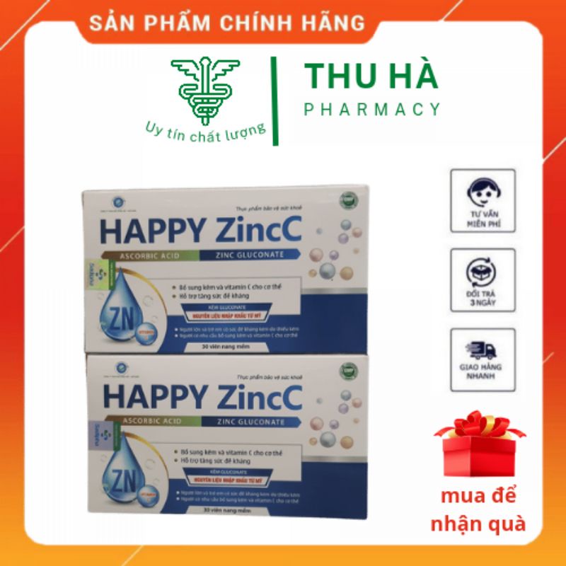 Happy Zincc bổ sung kẽm và vitamin C hỗ trợ tăng sức đề kháng - (Hộp 30 viên)