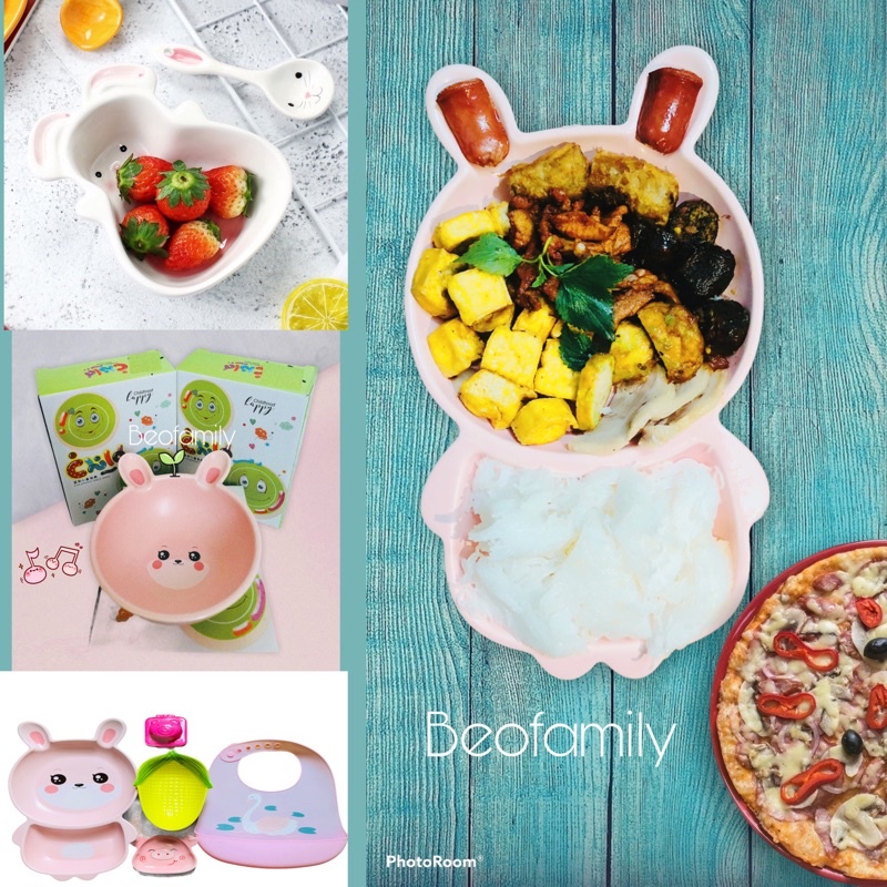 Bộ Đĩa Khay Ăn Dặm 2 Ngăn Hình Thỏ Hồng To , Đĩa Trang Trí Hình Thỏ Cao Cấp - Beofamily