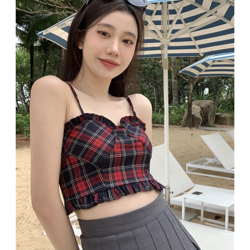 Áo Hai Dây Họa Tiết Sọc Caro Quyến Rũ Thời Trang Mùa Hè Cho Nữ