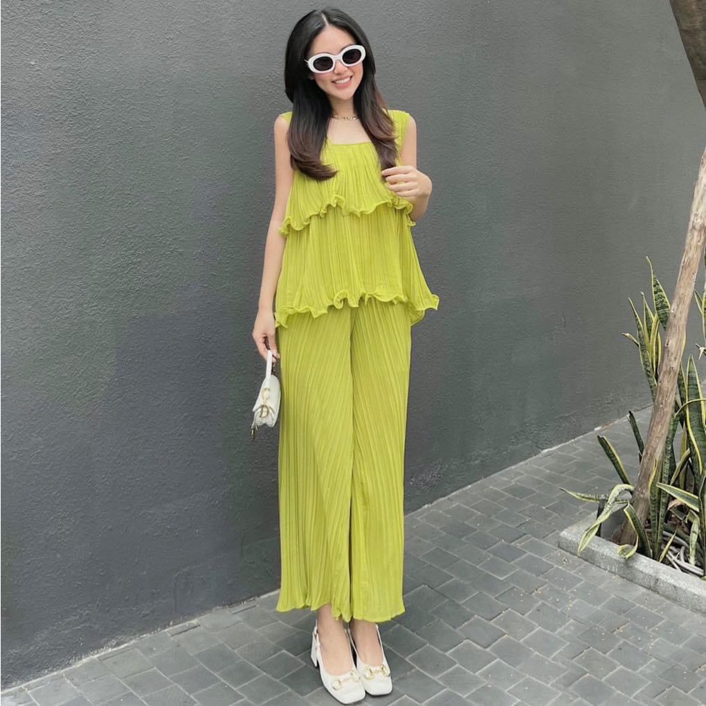 [10.10 Sale Freeship] Set bộ nữ xếp ly hai dây dáng xòe hai tầng, quần ống rộng dài thoải mái, set áo babydoll thoải mái