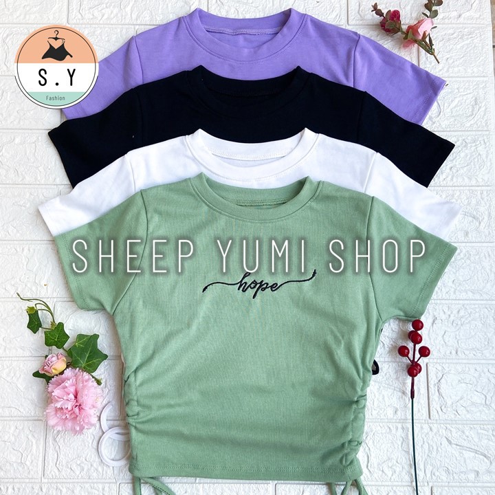 Áo Croptop Nữ Rút Eo Thêu Chữ Thun Borip Cổ Tròn SHEEP YUMI SHOP AC02