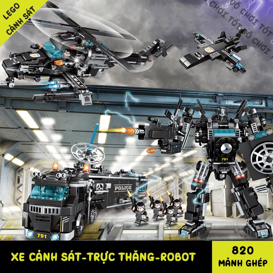 [500 CHI TIẾT-ĐẠT CHUẨN 3C] BỘ ĐỒ CHƠI LẮP RÁP LEGO CẢNH SÁT SWAT ROBOT QUÂN ĐỘI VÀ MÁY BAY CHIẾN ĐẤU