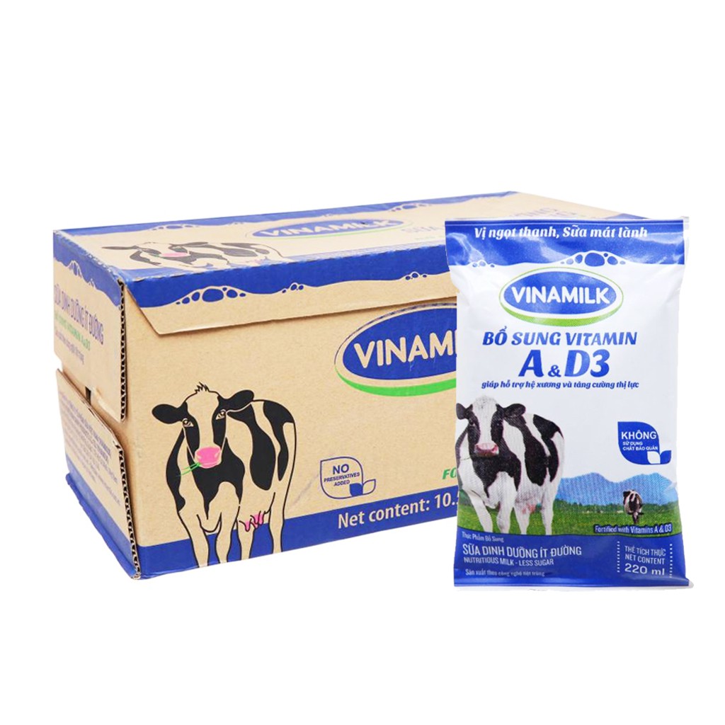 Thùng 48 bịch sữa dinh dưỡng Vinamilk bịch 220ml có đường/ít đường/không đường/dâu/socola