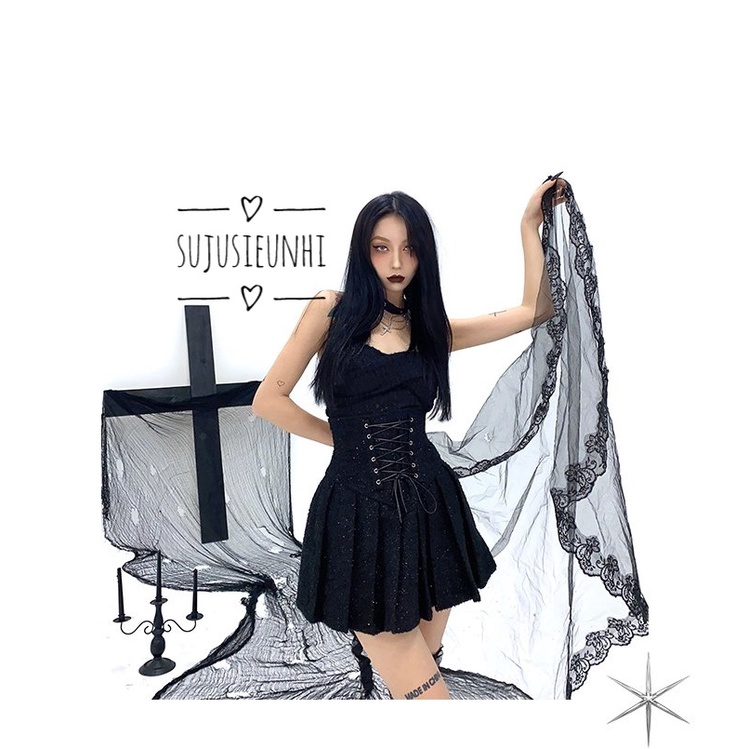 Khăn voan trơn màu đen họa tiết hoa thêu viền trùm tóc chụp ảnh gothic/ khăn đội đầu hóa trang Halloween