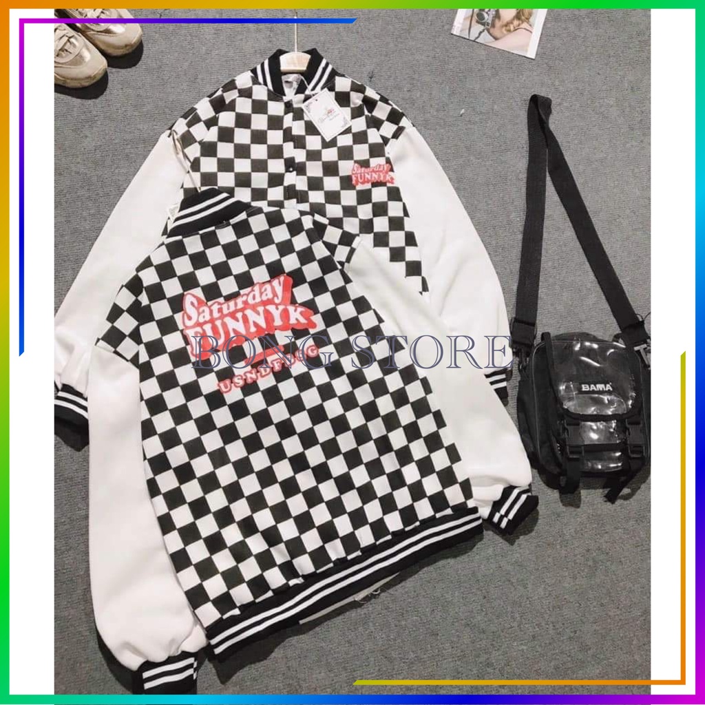 Áo khoác bomber nữ, Áo khoác bomber kẻ Caro phối tay chữ đỏ From rộng Unisex | BigBuy360 - bigbuy360.vn
