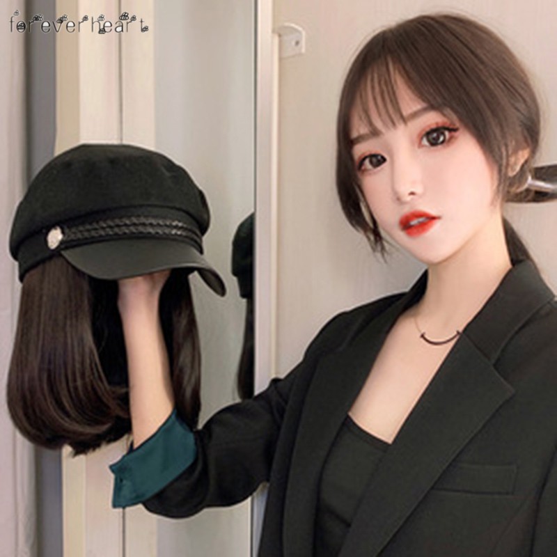 Nón kết hợp tóc giả thẳng màu đen