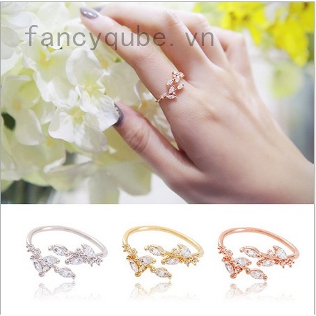 Nhẫn hở mạ bạc 925 hình chiếc lá đính đá xinh xắn
