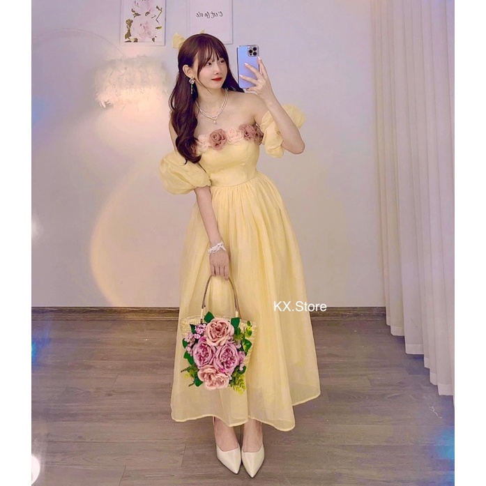 Váy Maxi Đi Biển Tay Bồng Đính Hoa 3D