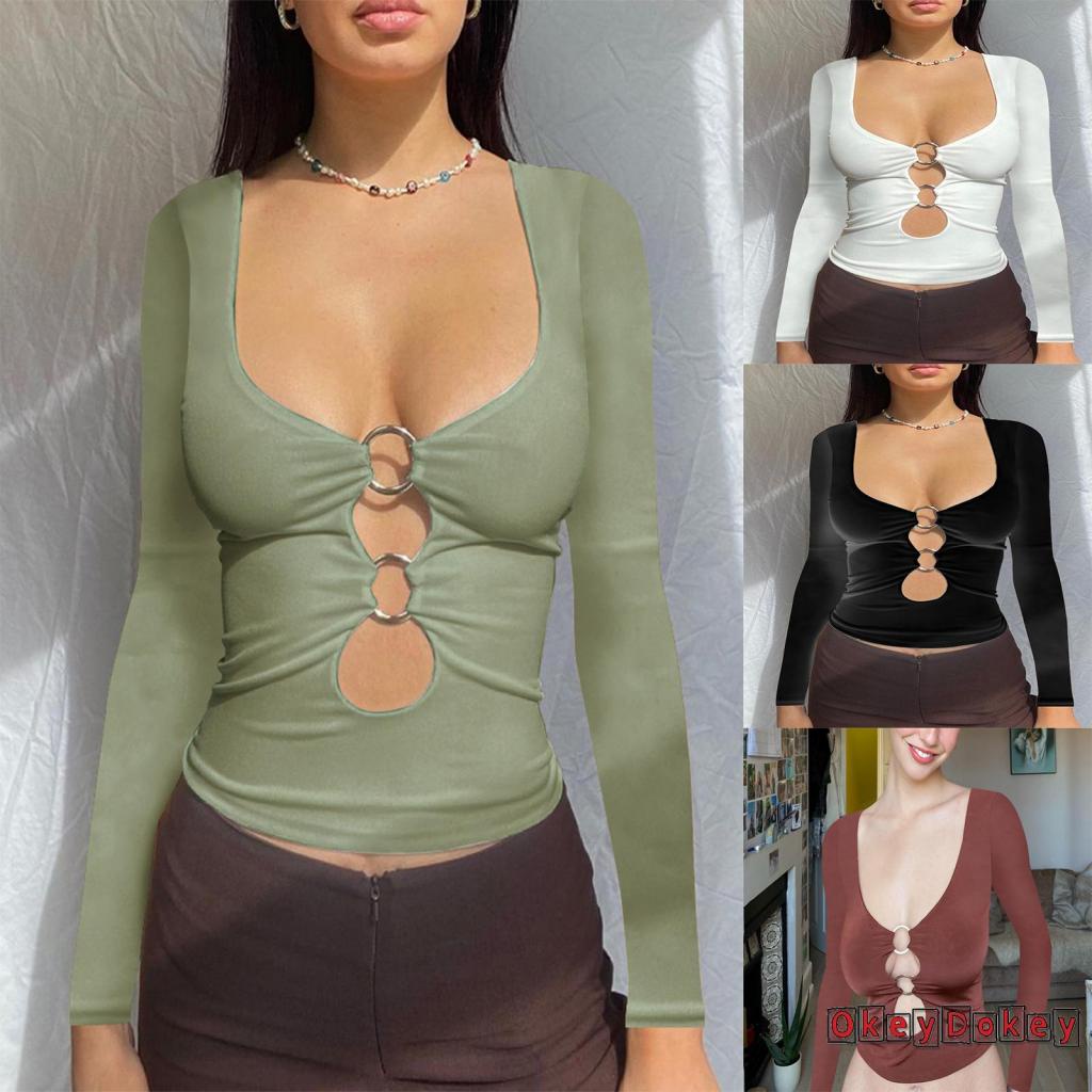 Áo Crop Top Dài Tay Khoét Lỗ Gợi Cảm Cho Nữ OKDK-y2k
