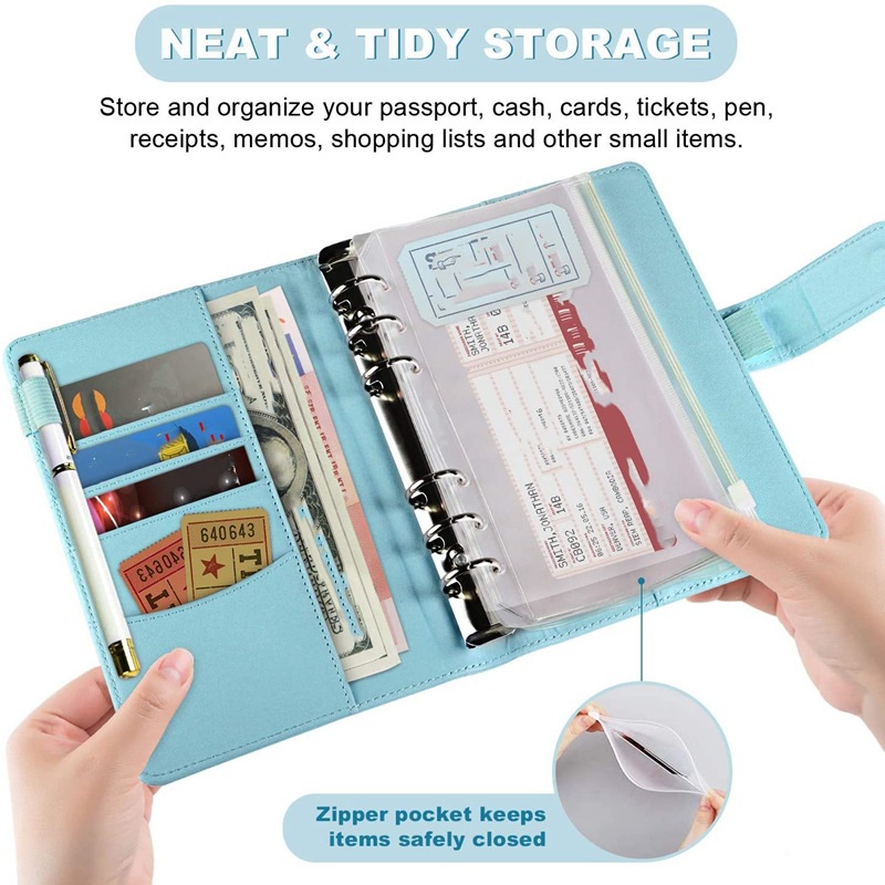 Pu Túi Da Pu 6 Lỗ + 12 A6 Có Khóa Kéo + 2 Túi Giấy Dán Dùng Để Đựng Sổ Tay Tiện Dụng