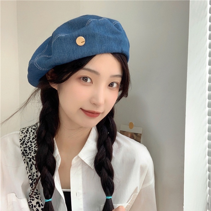 Mũ Nồi jean Nữ Họa Tiết Cúc Khuy Phong Cách Retro, Nón Beret Vải Bò Thời Trang Hàn Quốc