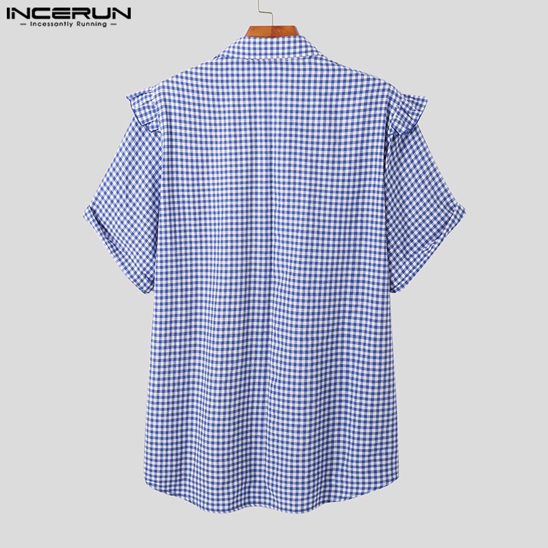 Áo sơ mi INCERUN ngắn tay viền bèo họa tiết kẻ sọc thời trang mùa hè cho nam