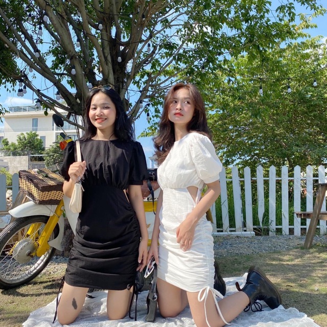 Váy rút dây 2 bên hông chất đũi ít nhăn - ảnh thật