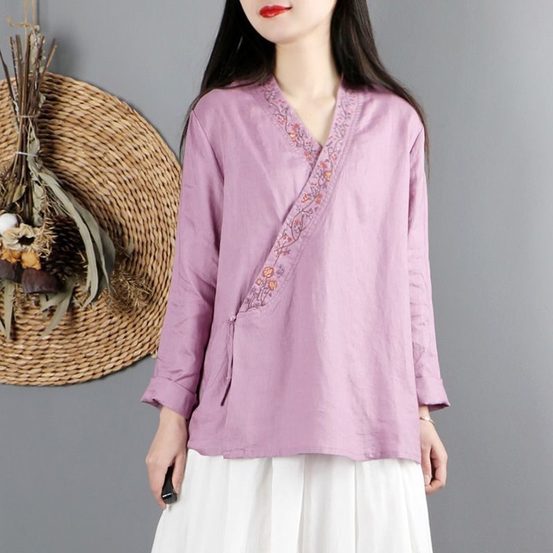Áo sơ mi cotton lanh tay dài phong cách Trung Hoa cổ điển cho nữ