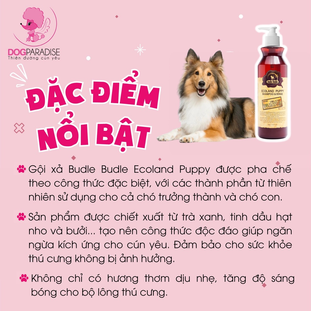 Dầu gội cho chó Budle Ecoland Shampoo and Rinse for Puppy chiết xuất trà xanh lưu hương thơm mát 500ml - Dog Paradise