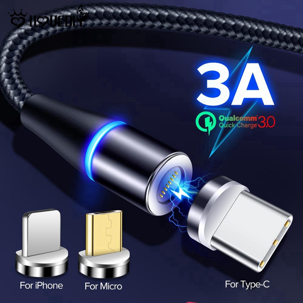 Cáp sạc từ tính có đèn LED kèm 3 đầu cắm Micro USB/Type-C cho Iphone Ipad Android Huawei Xiaomi Samsung Vivo