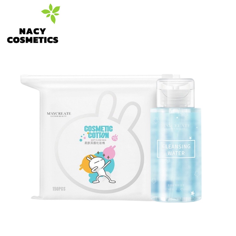 Combo Bông Tẩy Trang Maycreate 150 Miếng Và Nước Tẩy Trang Maycreate 300ml Tẩy Sạch Bụi Bẩn